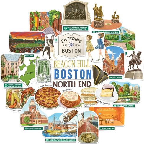 Navy Peony Historic Boston Travel Stickers (28pcs) - Hand-Illustrated, Massachusetts, City-Themed Vacation Decals for Scrapbooks, Journals, Souvenirs in Saudi Arabia