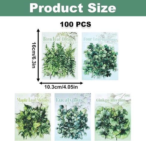 100PCS Leaf PET Stickers, Green Leaf Sticker for Envelopes, Transparent Plant Stickers, Waterproof Sticker for DIY Crafts Water Bottles Journaling Scrapbooking Planner Laptop Phone Decoration in Kuwait