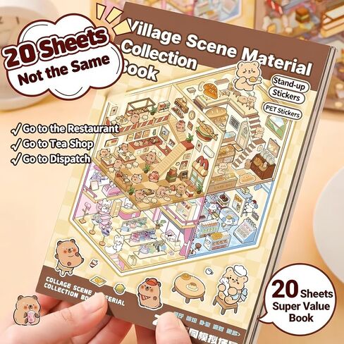 Scene Sticker Book 20 Set 3D Sticker Scene Book for Adults Cute Kawaii Capybara Miniature 3D House Scenes Scrapbook Supplies Planner Stickers Stress Relief Creative Gift（Brown） in Kuwait