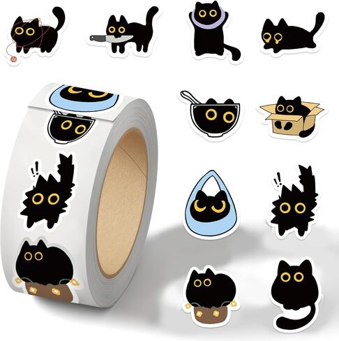 Cute Black Cat Sticker Roll 500 Pcs/Set for DJY Scrapbooking, Kawaii Decor, Laptop, Skateboard & Phone Case DIY Decoration (Black) in Saudi Arabia