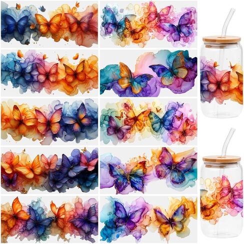 10 Sheets Ink Butterfly UV DTF Transfer Stickers, for Libbey Glass Tumbler, Waterproof Decals, Plastic Adhesive Label for Bottles and Cups Decor in Saudi Arabia