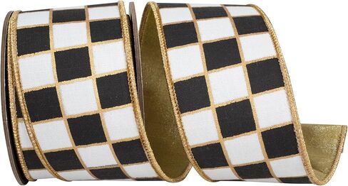 Ribbon - Gilded Check Outlined Deluxe Metallic Backed Wired Edge Ribbon, Black/White, 2-1/2 Inch, 5 Yards in Saudi Arabia