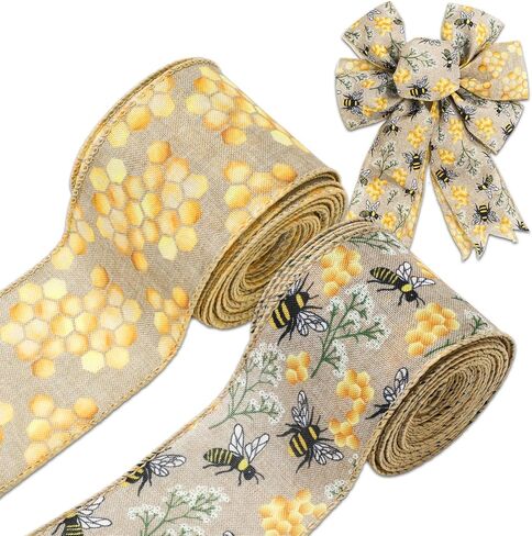 JarThenaAMCS 2 Rolls Bee Wired Edge Ribbons Craft Ribbon 2.5 in 20 Yards Bumble Bee Honeycomb Fabric Wrapping Ribbon for Bow Wreath Summer Party Home Decor in Saudi Arabia