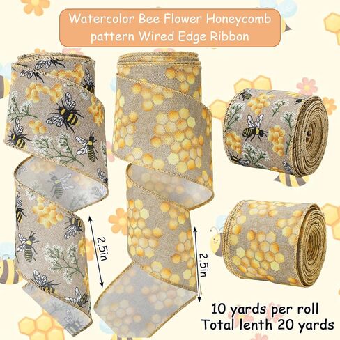 JarThenaAMCS 2 Rolls Bee Wired Edge Ribbons Craft Ribbon 2.5 in 20 Yards Bumble Bee Honeycomb Fabric Wrapping Ribbon for Bow Wreath Summer Party Home Decor in Saudi Arabia