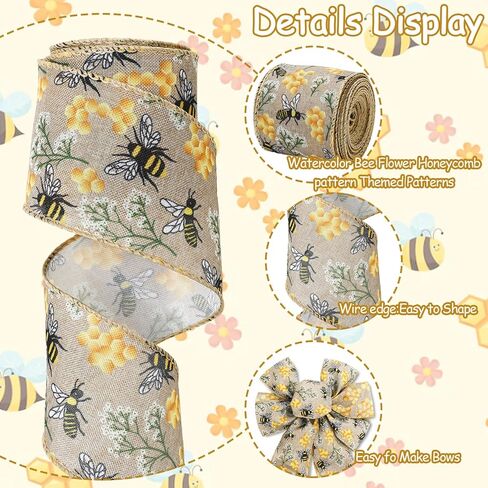 JarThenaAMCS 2 Rolls Bee Wired Edge Ribbons Craft Ribbon 2.5 in 20 Yards Bumble Bee Honeycomb Fabric Wrapping Ribbon for Bow Wreath Summer Party Home Decor in Saudi Arabia