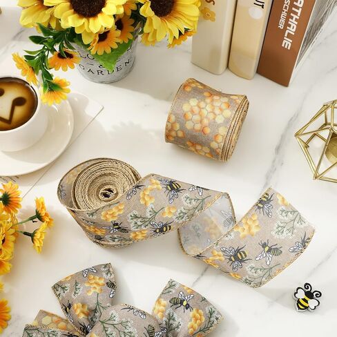 JarThenaAMCS 2 Rolls Bee Wired Edge Ribbons Craft Ribbon 2.5 in 20 Yards Bumble Bee Honeycomb Fabric Wrapping Ribbon for Bow Wreath Summer Party Home Decor in Saudi Arabia