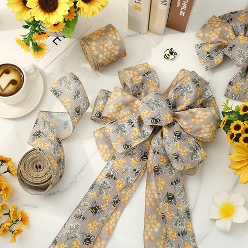 JarThenaAMCS 2 Rolls Bee Wired Edge Ribbons Craft Ribbon 2.5 in 20 Yards Bumble Bee Honeycomb Fabric Wrapping Ribbon for Bow Wreath Summer Party Home Decor in Saudi Arabia