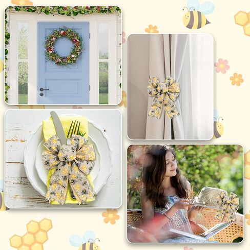 JarThenaAMCS 2 Rolls Bee Wired Edge Ribbons Craft Ribbon 2.5 in 20 Yards Bumble Bee Honeycomb Fabric Wrapping Ribbon for Bow Wreath Summer Party Home Decor in Saudi Arabia