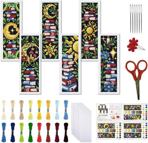 FREEBLOSS 6 Set Cross Stitch Bookmark Kit for Adult Beginners Printed Cross Stitch Kits Sun and Moon Stamped Crossstitch Kits Embroidery Bookmarks Kit for Craft Gift 11CT, 20x6cm/8x2.4inch in Saudi Arabia