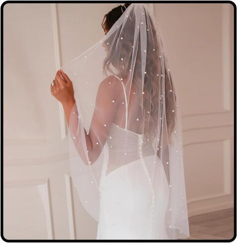 Pearl Wedding Veils Flower Cathedral Bridal Veil 118’’ Veils for Brides 1 Tier Fingertip Length Drop Veil Hair Comb in Kuwait