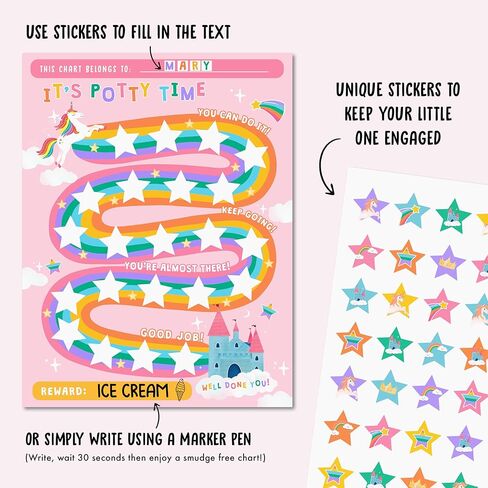 مخطط مكافآت التدريب على استخدام الحمام للأطفال - لوحة ملصقات يونيكورن والقلاع - مخطط تدريب الأطفال على استخدام المرحاض للفتيات - تقويم روتيني - تدريب على التبرز - مخطط جدول مواعيد الأطفال الصغار - من سنترال 23 in Kuwait