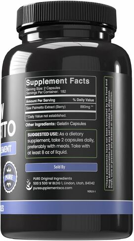 PURE ORIGINAL INGREDIENTS Saw Palmetto (365 Capsules) No Magnesium Or Rice Fillers, Always Pure, Lab Verified in Saudi Arabia