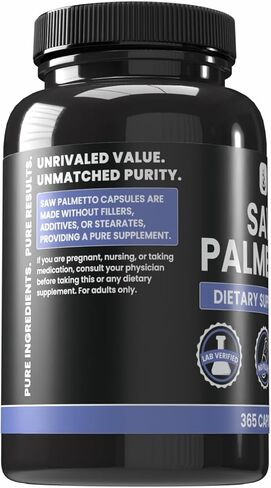 PURE ORIGINAL INGREDIENTS Saw Palmetto (365 Capsules) No Magnesium Or Rice Fillers, Always Pure, Lab Verified in Saudi Arabia