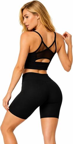 Women Buttery Soft 2-Piece Activewear Set-Criss Cross Mesh Sports Bra & High Waisted Biker Shorts with Pockets in Saudi Arabia