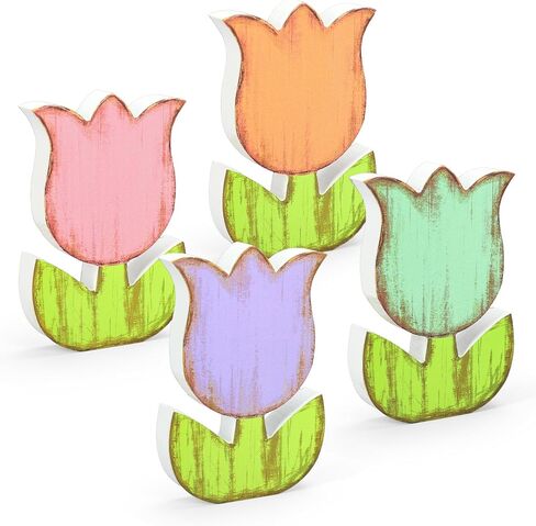 Whaline 4Pcs Spring Tulips Wood Signs Retro Tulip Flowers Table Ornaments Rustic Tulip Shape Table Centerpieces Muticolor Tulips Floral Wooden Decor for Spring Home Fireplace Tiered Tray Decorations in Kuwait
