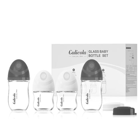 Natural Glass Baby Bottles Set 4 Pack, Newborn Boy Breastfeeding Bottles with Slow Flow Nipples, 0 Months+, 3 oz & 5 oz - Black/White in Kuwait