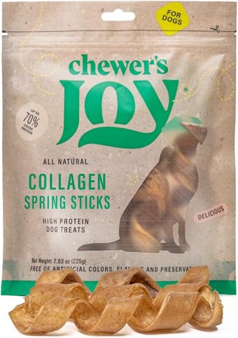 Chewer's Joy Collagen Spring Sticks 15pk 5-6 " للكلاب. ما يصل إلى 100٪ كولاجين يعزز صحة المفاصل والعظام والجلد والهضم والمعطف اللامع. عصا الفتوة وبديل الجلود الخام. يدوم طويلاً. in Kuwait