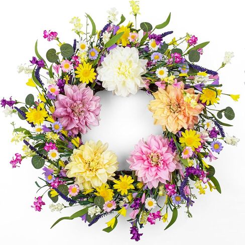 LLZLL Spring Wreath 22" Spring Wreaths for Front Door Artificial Summer Wreath with Eucalyptus Leaf Lavender Daisy for Indoor Outdoor Home Decor Festival Celebrations in Saudi Arabia