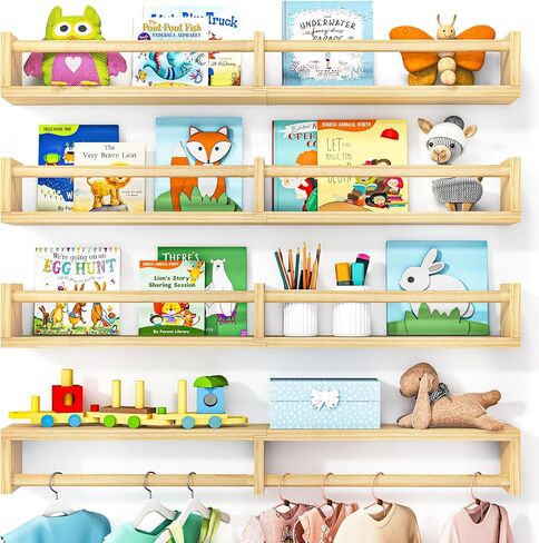 Fixwal Nursery Book Shelves, 16.5 Inch Floating Bookshelves for Nursery Decor & Playroom Decor, Set of 4, Solid Wood Wall Mounted Shelves for Books, Toys and Decor Storage (Brown) in Saudi Arabia