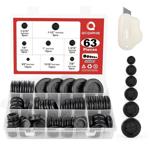 QCQIANG 63Pcs Rubber Grommet Kit, Drill Hole Firewall Hole Plugs Wire Protection with Cable Sticky Tape, 6 Sizes 5/8" 13/16" 7/8" 1" 1-3/16" 1-1/2"(White) in Kuwait