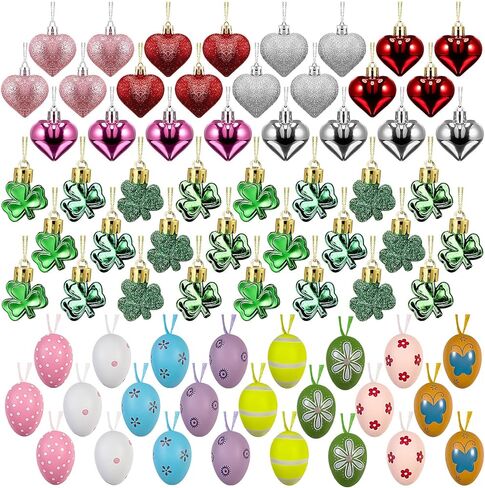 Anglechic 72 Pcs Valentine's Day Heart Ornaments St. Patrick's Day Shamrock Ornaments Colorful Easter Egg Hanging Ornaments Heart Clover Egg Bauble for Valentine's Day St. Patrick's Day Easter Party in Saudi Arabia