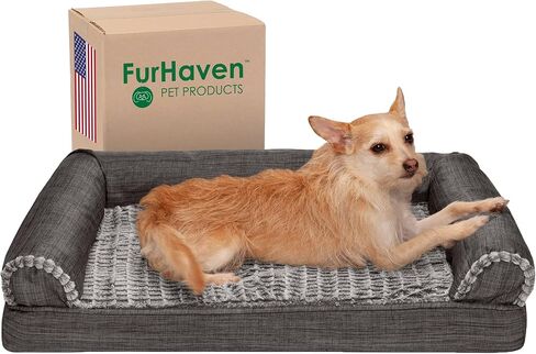 Furhaven Orthopedic Dog Bed for Medium/Small Dogs w/ Removable Bolsters & Washable Cover, For Dogs Up to 35 lbs - Luxe Faux Fur & Performance Linen Sofa - Woodsmoke, Medium in Kuwait