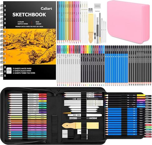 Caliart 176PCS Art Supplies Sketching Kit with 100 Sheets 3-Color Sketch Book, Graphite Colored Charcoal Watercolor & Metallic Pencils, School Supplies Gifts for Artists Adults Teens Girls Boys Kids in Kuwait