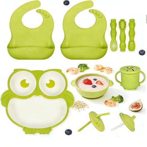 Silicone Baby Feeding Set 13 Piece, Baby Led Weaning Feeding Supplies, Strong Suction Bowl & Suction Plate, Adjustable Bibs, 4-in-1 Cup, Silicone Spoon, Food-grade Silicone (Green with white) in Saudi Arabia