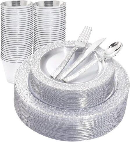 Ciaell 150PCS Rose Gold Plastic Plates – Disposable Plates with Rose Gold Plastic Silverware include 50Plates, 25Forks, 25Knives, 25Spoons, 25Cups for Wedding & Party in Saudi Arabia