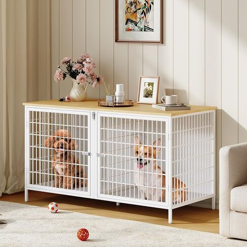 MAHANCRIS Dog Crate Furniture for 2 Dogs, 43.3" Dog Kennel with Removable Divider, Heavy Sturdy Dog Furniture Style Double Cage for Small Medium Dog, Indoor Dog House End Table, Rustic Brown DCHR1201 in Kuwait