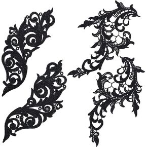 GORGECRAFT 2PCS Neckline Applique Collar Trims Patch Embroidered Floral Water Soluble Lace for Wedding Dress Gown Costumes Sewing Clothing Accessories (Black) in Kuwait