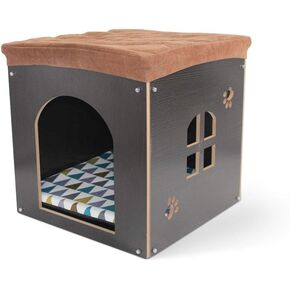 SONGWAY Cat House for Indoor Cats - Wood Pet House Cat Cave with Mat, Cat Condo, Cat Stool, Pet Bed, Storage Ottoman Foot Rest Stool with Cushion, Cube House for Cats and Small Dogs, Log in Kuwait