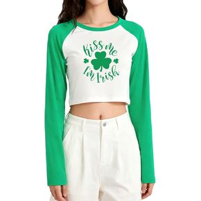 Women's St. Patrick's Day Shirts Kiss Me I'm Irish Four Leaf Clover Graphic Crop T-Shirt Cute Long Sleeve Crop Tops (Green,L) in Kuwait