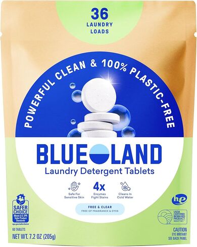 BLUELAND Laundry Detergent Tablets, 60 Count, Plastic-Free Eco-Friendly Pods, Sheets, Liquid Alternative - Fragrance Free and Clear, Natural, Gentle in Saudi Arabia