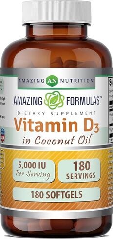Amazing Formulas  Vitamin D3 with Coconut Oil  5000  IU 360 Softgels Supplement | Non-GMO | Gluten Free | Made in USA in Saudi Arabia