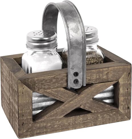 Autumn Alley Barn Door Farmhouse Salt and Pepper Shakers Set in White and Galvanized Caddy - Shabby Chic Salt & Pepper Shakers for Country Kitchen in Kuwait