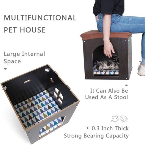 منزل القطط من سونجواي للقطط الداخلية - كهف خشبي للقطط مع حصيرة، شقة للقطط، مقعد للقطط، سرير للحيوانات الأليفة، مقعد مسند للقدمين مع وسادة، منزل مكعب للقطط والكلاب الصغيرة، سجل in Kuwait