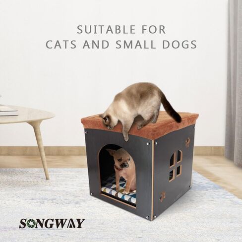 منزل القطط من سونجواي للقطط الداخلية - كهف خشبي للقطط مع حصيرة، شقة للقطط، مقعد للقطط، سرير للحيوانات الأليفة، مقعد مسند للقدمين مع وسادة، منزل مكعب للقطط والكلاب الصغيرة، سجل in Kuwait