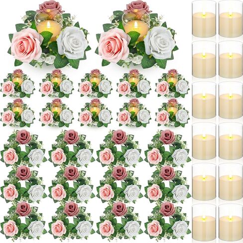Yunlly 12 Set Artificial Rose Candle Rings with Candles 3 Inch Center Wedding Candle Rings Wreath and LED Flameless Candles Eucalyptus Candle Wedding Centerpiece for Home Party Table Decor (White) in Saudi Arabia