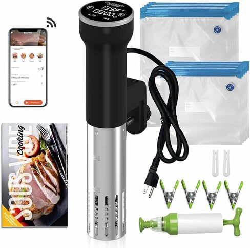 جهاز Sous Vide Wi-Fi، طباخ دقيق لدورة الغمر، طقم Sous Vide مع 30 كيسًا مفرغًا، مضخة تفريغ، درجة حرارة دقيقة ومؤقت، 1000 وات، خالي من الضوضاء، IPX7 مقاوم للماء، مطبخ Cattleman in Kuwait