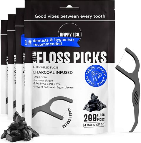 Floss Picks Biodegradable (100pcs) - Natural Dental Floss Picks, Vegan, Sustainable, Reusable, Shred Resistant and Nontoxic Plant-Based Material - Single Thread Mint in Saudi Arabia