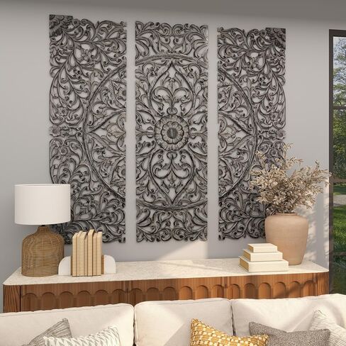 ديكو 79 ديكور حائط خشبي مصنوع يدويًا من الزهور المنحوتة بشكل معقد مع تصميم ماندالا، مجموعة من 3 قطع، 30.48 سم عرض، 91.44 سم ارتفاع، بني in Kuwait