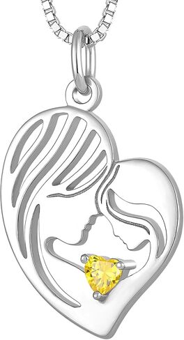 YL Mother and Daughter Necklace 925 Sterling Silver Mum Hold Child Heart Pendant Created Ruby/Aquamarine/Sapphire/Amethyst/Emerald/Garnet/Zirconia Necklace Gifts for Moms in Kuwait