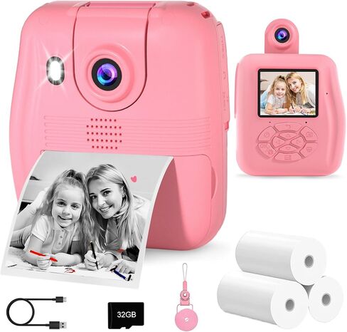 Instant Print Camera - GKTZ 1080P HD 0 Ink Instant Print Photo - Christmas Birthday Gifts for Age 3-8 Girls Boys - Kids Portable Toy with 3 Rolls Photo Paper, 5 Color Pens, 32GB Card - Pink in Kuwait