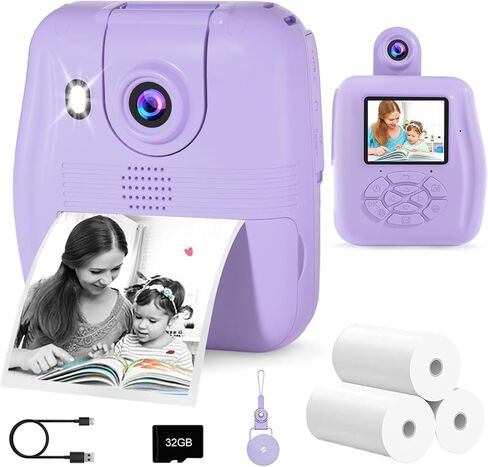 Instant Print Camera - GKTZ 1080P HD 0 Ink Instant Print Photo - Christmas Birthday Gifts for Age 3-8 Girls Boys - Kids Portable Toy with 3 Rolls Photo Paper, 5 Color Pens, 32GB Card - Pink in Saudi Arabia