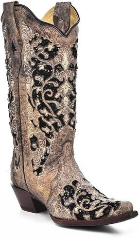 CORRAL Women's Snip Toe Stitched Leather Cowgirl Western Boots with Swarovski Crystal Accents in Kuwait