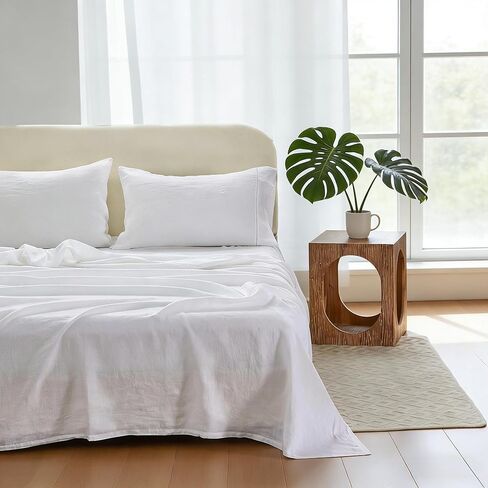 مجموعة ملاءات Simple&Opulence مصنوعة من الكتان بنسبة 100% بخياطة مجوفة - 4 قطع ملاءات سرير مغسولة نقية من الكتان الأوروبي (1 ملاءة مسطحة، 1 ملاءة مثبتة، 2 كيس وسادة) - مسامية وناعمة (خياطة بيضاء، كوين) in Kuwait