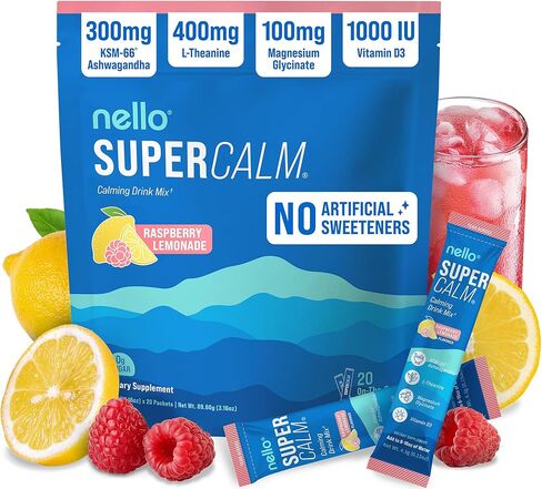 Nello Supercalm Drink Mix - Ashwagandha KSM 66, Magnesium Glycinate, L-Theanine, Vitamin D3 - Ashwagandha Root Extract, Magnesium & L-Theanine Supplement - Focus & Cortisol Support (30 Servings) in Saudi Arabia