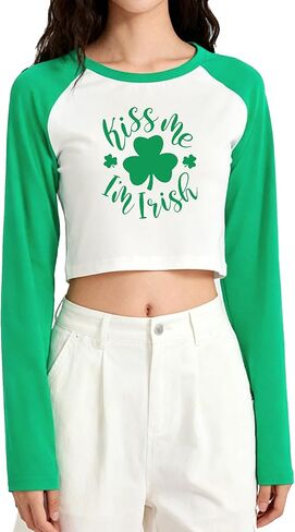 Women's St. Patrick's Day Shirts Kiss Me I'm Irish Four Leaf Clover Graphic Crop T-Shirt Cute Long Sleeve Crop Tops (Green,L) in Kuwait