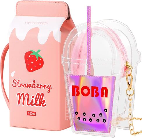 2 Pcs Kawaii Fruits Food Purse Milk Strawberry Box Cross Body Purse Bag Cute Hamburger and Toast Purse Cartoon Wallet (Cute Style) in Saudi Arabia